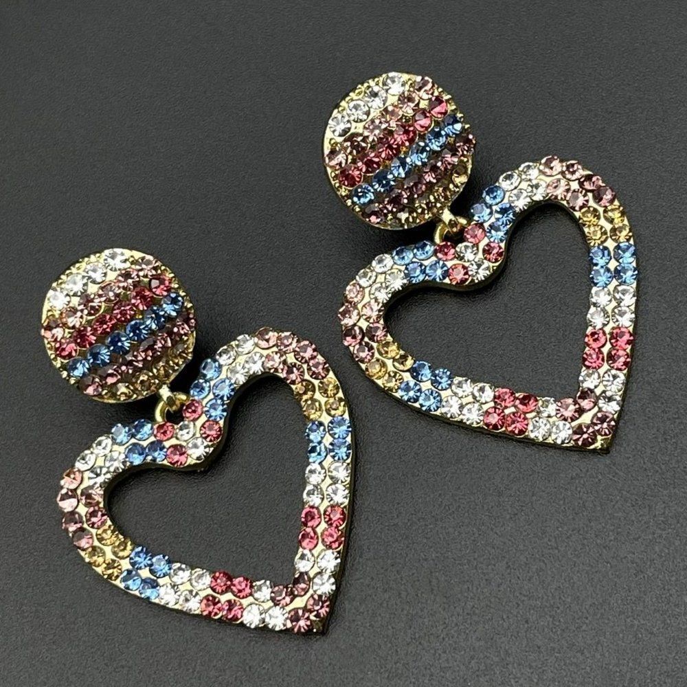 Yellow Gold with Multicolored Crystal Heart Dangling Drop Post Back Earrings